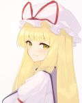  1girl arm_ribbon bangs blonde_hair blunt_bangs dress expressionless eyebrows_visible_through_hair hat hat_ribbon highres juliet_sleeves kanpa_(campagne_9) long_hair long_sleeves looking_at_viewer looking_back mob_cap puffy_sleeves ribbon simple_background solo standing tabard touhou upper_body very_long_hair white_background white_dress white_headwear yakumo_yukari yellow_eyes 