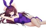  1girl animal_ears bangs blush breasts bunnysuit detached_collar fake_animal_ears fate/grand_order fate_(series) fishnet_legwear fishnets hair_between_eyes highleg highleg_leotard highres kazuma_muramasa large_breasts leotard long_hair looking_at_viewer pantyhose purple_hair purple_leotard rabbit_ears red_eyes scathach_(fate)_(all) scathach_(fate/grand_order) thighs wrist_cuffs 