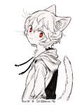  1boy animal_ear_fluff animal_ears blush cat_boy cat_ears cat_tail closed_mouth dated drawstring from_side fur greyscale highres hood hood_down hoodie kemonomimi_mode kuga_yuuma long_sleeves looking_at_viewer male_focus monochrome red_eyes sacog simple_background smile solo spot_color tail upper_body whiskers world_trigger 