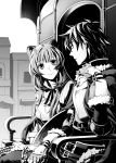  1boy 1girl animal_ears chain closed_mouth eye_contact fingerless_gloves firo_(tate_no_yuusha_no_nariagari) fur-trimmed_gloves fur_trim gloves greyscale highres long_hair looking_at_another minami_seira monochrome novel_illustration official_art outdoors raccoon_ears raccoon_girl raphtalia shiny shiny_hair sitting smile tate_no_yuusha_no_nariagari very_long_hair 