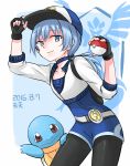  1boy ansatsu_kyoushitsu baseball_cap black_legwear blue_eyes blue_hair choker cosplay dated eyebrows_visible_through_hair female_protagonist_(pokemon_go) female_protagonist_(pokemon_go)_(cosplay) fingerless_gloves gen_1_pokemon gloves hat long_hair looking_at_viewer male_focus otoko_no_ko pokemon pokemon_(game) pokemon_go ponytail shiota_nagisa simple_background smile squirtle tenten_(kitty) 