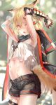  1girl absurdres animal_ears arknights armpits arms_up bandaid bangs black_shorts blonde_hair commentary cowboy_shot crop_top crop_top_overhang fang fox_ears fox_tail hair_between_eyes highres looking_at_viewer midriff navel open_mouth orange_eyes oripathy_lesion_(arknights) pottsness short_hair short_shorts shorts skin_fang solo standing stomach strapless sweat tail thigh_strap tubetop vermeil_(arknights) 