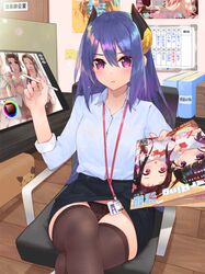  bangs black_legwear blush book chair eyebrows eyebrows_visible_through_hair fingernails hair_between_eyes highres holding holding_book holding_pen horns long_hair looking_at_viewer office_lady panties parted_lips pen princess_connect! princess_connect!_re:dive purple_hair rei_(princess_connect!) shirt sitting skirt thigh-highs underwear violet_eyes waterring 