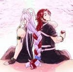  2boys alternate_hairstyle antenna_hair black_gloves bracelet braid cherry_blossoms cup dango fingerless_gloves food gloves hakama japanese_clothes jewelry looking_back male_focus multiple_boys purple_hair redhead sanshoku_dango sengo_muramasa_(touken_ranbu) single_braid sitting smile tonbokiri_(touken_ranbu) touken_ranbu tree wagashi yellow_eyes yuki_(makeinukk16) yunomi 