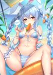  1girl animal_ear_fluff animal_ears beach_umbrella bikini bikini_pull blue_hair blue_nails bracelet braid breasts carrot_hair_ornament clouds cyicheng food food_in_mouth food_themed_hair_ornament hair_ornament hololive jacket jacket_removed jewelry long_hair looking_at_viewer medium_breasts mouth_hold multicolored_hair nail_polish navel necklace patreon_username popsicle rabbit_ears sitting sky solo speech_bubble spread_legs stomach striped striped_bikini swimsuit thick_eyebrows thighlet twin_braids two-tone_hair umbrella usada_pekora virtual_youtuber water white_hair 
