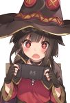 1girl bangs black_cape black_gloves black_hair black_headwear blunt_bangs blush button_eyes cape commentary_request dress eyebrows_visible_through_hair fingerless_gloves gloves hat highres holding kono_subarashii_sekai_ni_shukufuku_wo! long_sleeves megumin nintendo_switch open_mouth playing_games red_dress red_eyes short_hair sidelocks simple_background sneakery4 solo sparkling_eyes upper_body video_game white_background witch_hat 