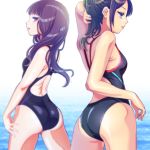  2girls ass black_hair black_swimsuit blue_eyes commentary_request competition_swimsuit cowboy_shot from_behind long_hair looking_at_viewer multiple_girls one-piece_swimsuit original sakaguchi_takayuki standing swimsuit violet_eyes white_background 