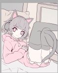  1girl animal_ears bangs border breasts cat_ear_headphones cat_ears cat_tail chunrijun_(springer) closed_mouth drawstring eyebrows_visible_through_hair fake_animal_ears grey_border grey_hair grey_legwear headphones hood hood_down hoodie interlocked_fingers kmnz knee_up leg_up looking_at_viewer lying mc_liz medium_breasts on_back panties pillow pink_eyes pink_hoodie smile solo tail thigh-highs underwear virtual_youtuber white_panties 