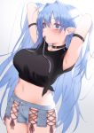 1girl ahoge arm_strap armpits arms_behind_head arms_up black_choker black_shirt blue_eyes blue_hair blue_shorts breasts choker cowboy_shot crop_top denim denim_shorts groin hair_intakes hair_tie_in_mouth highres large_breasts long_hair midriff mouth_hold navel no_panties original pointy_ears shirt short_sleeves shorts simple_background solo stomach tied_shirt very_long_hair white_background zhaofeng_yinyue 