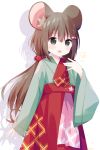  1girl :d absurdres animal_ear_fluff animal_ears bangs blush brown_hair commentary_request drop_shadow eyebrows_visible_through_hair green_kimono grey_eyes hair_between_eyes hair_ornament hair_scrunchie hakama hand_up highres japanese_clothes kimono long_hair long_sleeves low_twintails mouse_ears mouse_girl mouse_tail nakkar open_mouth original red_hakama red_scrunchie scrunchie sleeves_past_wrists smile solo standing tail twintails very_long_hair white_background wide_sleeves 