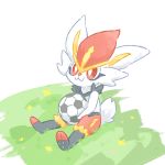  :3 akasaka_(qv92612) ball cinderace closed_mouth commentary_request football_(object) fur gen_8_pokemon grass holding holding_ball looking_up no_humans pokemon pokemon_(creature) rabbit red_eyes sitting smile spread_legs 