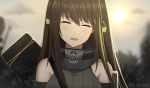  1girl absurdres brown_eyes brown_hair closed_eyes eyebrows_visible_through_hair girls_frontline highres jiafei2o3 long_hair looking_at_viewer m4a1_(girls_frontline) mask_around_neck multicolored_hair smile solo sweater 