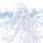  1girl absurdres bangs blurry blurry_background collared_dress cowboy_shot dress floating_hair frilled_sleeves frills highres long_hair long_sleeves looking_at_viewer original sad solo symbol_commentary ting_(tingiiio) white_background white_dress white_eyes white_hair 