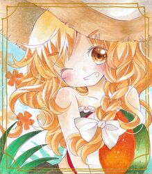  1girl absurdres alternate_costume ball beachball bikini blonde_hair blush bow braid chibi frilled_bikini frills grin hair_bow hat highres kirisame_marisa long_hair mizame one_eye_closed single_braid smile solo straw_hat swimsuit touhou traditional_media upper_body white_bow yellow_eyes 