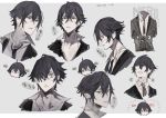  1boy absurdres black_gloves black_hair black_neckwear character_name character_sheet closed_mouth collarbone dated formal gloves grey_background grey_eyes hair_between_eyes heterochromia highres male_focus mayutsuba_mono multiple_views necktie nero_(mayutsuba_mono) open_mouth original parted_lips red_eyes simple_background sketch solo suit wide-eyed 