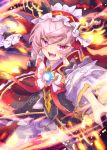  1girl fang fire frills gem headdress highres holding holding_weapon ittokyu looking_at_viewer mogthrasir_(valkyrie_connect) open_mouth pink_hair signature skin_fang skirt solo tongue valkyrie_connect violet_eyes weapon 