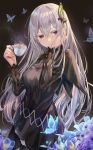  1girl bangs black_capelet black_dress blush breasts butterfly_hair_ornament capelet dress echidna_(re:zero) hair_ornament highres large_breasts long_hair long_sleeves looking_at_viewer re:zero_kara_hajimeru_isekai_seikatsu silver_hair smile striped torino_akua vertical-striped_dress vertical_stripes white_eyelashes 