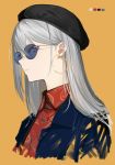  1girl bangs beret character_request copyright_request cropped_torso earrings expressionless grey_hair hair_between_eyes hat highres hoop_earrings isshiki_(ffmania7) jewelry looking_at_viewer solo sunglasses swept_bangs yellow_background 