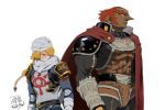  1boy 1girl androgynous armor artist_name assemblerones back-to-back bandages blonde_hair braid cape closed_mouth dated eye_contact ganondorf gerudo glaring hair_over_one_eye height_difference jewelry long_hair looking_at_another mask red_eyes redhead reverse_trap scowl sheik sheikah short_hair sideburns signature simple_background the_legend_of_zelda the_legend_of_zelda:_ocarina_of_time turban 