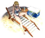  1girl ahoge artoria_pendragon_(all) artoria_pendragon_(swimsuit_ruler)_(fate) beach blonde_hair breasts chair cleavage_cutout cooler cup drinking_glass drinking_straw fate/grand_order fate_(series) green_eyes highres large_breasts lounge_chair one-piece_swimsuit sami_(object_dump) smile sparkle swimsuit 