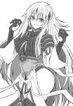 1girl armor breasts commentary_request cowboy_shot fate/grand_order fate_(series) greyscale hair_between_eyes highres kiriya_(aprikose_0312) large_breasts long_hair long_sleeves looking_at_viewer monochrome nagao_kagetora_(fate) simple_background smile solo standing very_long_hair white_background 