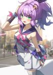  1girl ashisi azur_lane black_ribbon eyebrows_visible_through_hair green_eyes hair_between_eyes hair_ornament hair_ribbon hand_up highres javelin_(azur_lane) looking_at_viewer open_mouth pink_neckwear ponytail purple_hair purple_sailor_collar ribbon sailor_collar solo standing walking 