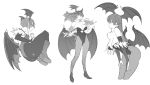  2girls breasts commentary demon_girl demon_wings english_commentary highres hks_(timbougami) large_breasts leaning_forward lilith_aensland long_hair looking_at_viewer monochrome morrigan_aensland multiple_girls multiple_views short_hair small_breasts vampire_(game) white_background wings 