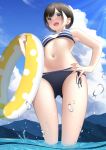  1girl bangs bikini black_hair blue_eyes blush breasts clouds day from_below full-face_blush hand_on_hip highres innertube mottsun_(i_40y) mountainous_horizon navel open_mouth original outdoors parted_bangs short_hair small_breasts solo striped striped_bikini swimsuit water 