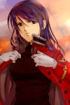  &gt;:( 1girl closed_mouth commentary_request evangelion:_3.0_you_can_(not)_redo frown gloves jacket katsuragi_misato long_hair neon_genesis_evangelion ookamiken712 partial_commentary purple_hair rebuild_of_evangelion red_jacket ribbed_sweater solo sweater turtleneck upper_body white_gloves 