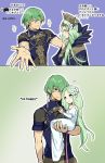  1boy 1girl bare_shoulders blush byleth_(fire_emblem) byleth_eisner_(male) carrying carrying_under_arm closed_eyes closed_mouth cosplay dress fire_emblem fire_emblem:_three_houses flower green_background green_eyes green_hair hair_flower hair_ornament hair_ribbon heart highres long_hair outstretched_arms pointy_ears purple_background rhea_(fire_emblem) ribbon short_hair simple_background sothis_(fire_emblem) sothis_(fire_emblem)_(cosplay) tiara very_long_hair white_background white_dress yomusugara_(uzo-muzo) younger 