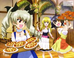  3girls :d absurdres anchovy_(girls_und_panzer) anzio_(emblem) apron bangs black_dress black_hair blonde_hair blue_apron blue_dress braid brown_hair carpaccio_(girls_und_panzer) chair cheese cowboy_shot detached_collar dress drill_hair emblem eyebrows_visible_through_hair food girls_und_panzer green_eyes green_hair hair_ribbon hanging_plant highres holding holding_food holding_tray indoors mc_axis megami multicolored multicolored_clothes multiple_girls napolitan official_art one_eye_closed open_mouth orange_apron pasta pepperoni pepperoni_(girls_und_panzer) pink_apron pizza plate pretzel red_eyes ribbon sidelocks skirt skirt_lift smile spaghetti standing table tray twin_drills twintails waitress wang_guo_nian whistle whistle_around_neck wooden_floor wrist_cuffs 