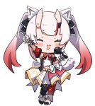  1girl :3 :d animal_ear_fluff animal_ears arm_up blush cat_ears cat_tail chibi closed_eyes commentary_request full_body gloves gradient_hair hololive horns idol kemonomimi_mode long_hair microphone midriff mismatched_legwear multicolored_hair music nakiri_ayame namaonpa navel nonstop_story open_mouth redhead simple_background singing smile solo standing tail thigh-highs twintails virtual_youtuber white_background white_gloves white_hair 