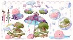  bubble clouds coco7 ditto gen_1_pokemon gen_4_pokemon grass heart holding holding_umbrella no_humans pink_ribbon pokemon pokemon_(creature) rainbow red_eyes ribbon smile symbol_commentary torterra tree umbrella water 