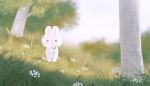  ayu_(mog) blurry blurry_background closed_mouth day depth_of_field field flower holding holding_flower looking_at_viewer no_humans original outdoors rabbit signature smile solo standing tree white_flower 