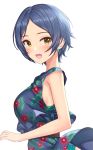  1girl :d blue_dress blue_hair blush bra bra_peek bra_strap breasts dress dress_lift earrings floral_print frills green_bra green_panties hamahama hayami_kanade idolmaster idolmaster_cinderella_girls jewelry leaf_print looking_back medium_breasts open_mouth panties pantyshot short_hair sidelocks simple_background sleeveless sleeveless_dress smile solo thong underwear upper_body white_background wind wind_lift yellow_eyes 