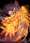  1girl absurdres bangs black_background commentary_request fang fiery_wings fire flaming_hand floating floating_hair fujiwara_no_mokou grin highres long_hair long_sleeves looking_at_viewer nail_polish ofuda ofuda_on_clothes open_mouth pants puffy_pants pyrokinesis red_eyes red_nails red_pants shirt sidelocks smile soles solo suspenders teeth teruteru_(teru_teru) touhou two-tone_bow upper_body upper_teeth very_long_hair white_hair white_shirt wings wrist_cuffs 