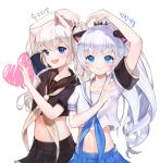  2girls :d animal_ears annyeongbangawo arm_up bangs black_sailor_collar black_serafuku black_shirt black_skirt blade_&amp;_soul blue_eyes blue_neckwear blue_skirt brown_neckwear character_request commentary_request crop_top eyebrows_visible_through_hair grin hair_between_eyes heart high_ponytail korean_commentary korean_text long_hair midriff multiple_girls navel neckerchief open_mouth pleated_skirt ponytail sailor_collar school_uniform serafuku shirt short_sleeves silver_hair simple_background skirt smile translation_request twintails v-shaped_eyebrows very_long_hair white_background white_sailor_collar 