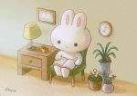  ayu_(mog) blush book chair closed_mouth cup flower lamp mug no_humans open_book original painting_(object) pink_flower plant potted_plant rabbit reading signature sitting smile solo yellow_flower 