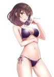  1girl alternate_hairstyle bikini blush breasts brown_eyes brown_hair finger_to_mouth kasumigaoka_utaha looking_at_viewer medium_breasts o-ring o-ring_bikini o-ring_top open_mouth purple_bikini randoru saenai_heroine_no_sodatekata short_hair side-tie_bikini simple_background smile solo swimsuit thighs twitter_username white_background 