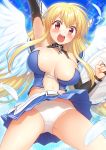  1girl android angel angel_wings arm_up astraea blonde_hair blush breasts chain choker feathers head_wings highres huge_breasts long_hair nakamura_hinato navel open_mouth panties red_eyes skirt sleeveless solo sora_no_otoshimono underwear wings 