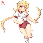  1girl alternate_costume artist_logo ass_visible_through_thighs baton blonde_hair blush buruma commentary_request dated eyebrows_visible_through_hair gym_shirt gym_uniform hair_between_eyes highres kanon_(kurogane_knights) kantai_collection kneehighs long_hair looking_at_viewer low_twintails name_tag red_buruma running satsuki_(kantai_collection) shirt short_sleeves signature simple_background socks solo standing standing_on_one_leg t-shirt thigh_gap twintails white_background white_legwear white_shirt yellow_eyes 