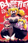  2girls absurdres black_dress blonde_hair bowsette breathing_fire carrying_under_arm collar crown dress earrings facial_hair fire hat heart highres horns jewelry looking_at_another mario super_mario_bros. multiple_girls mustache new_super_mario_bros._u_deluxe pointy_ears princess_peach rariatto_(ganguri) red_eyes sharp_teeth spiked_armlet spiked_collar spiked_tail spikes spoken_heart spoken_squiggle squiggle strapless strapless_dress super_crown super_mario_bros. tail teeth thigh-highs 