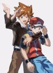  2boys arm_around_neck backpack bag baseball_cap belt black_wristband blue_oak blue_pants brown_eyes brown_hair brown_pants commentary_request fingernails grey_eyes guma_(gumatyo) hand_on_headwear hand_up hat highres jacket jewelry long_sleeves male_focus multiple_boys necklace open_mouth pants pokemon pokemon_(game) pokemon_hgss red_(pokemon) salute short_sleeves spiky_hair tongue vs_seeker wristband 