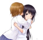  2girls akiyama_mio black_hair blush brown_hair een941 hug k-on! long_hair multiple_girls one_eye_closed school_uniform short_hair signature standing tainaka_ritsu tears yuri 