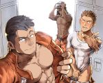  3boys abs absurdres bara bare_chest black_hair blush brown_hair bulge character_request chest coat come_hither copyright_request covered_abs covering covering_crotch facial_hair highres konohanaya locker locker_room male_focus manly multiple_boys muscle navel nipples open_clothes open_coat pants pants_pull raised_eyebrow self_shot short_hair stubble sweatdrop thighs toned toned_male undressing veins 