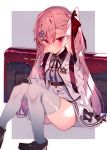  1girl alternate_costume bangs belt black_legwear blush bow braid breasts dress eyebrows_visible_through_hair girls_frontline gloves hair_between_eyes hair_bow hair_ornament hair_ribbon hairclip hexagram highres jacket loafers long_hair looking_at_viewer negev_(girls_frontline) one_side_up pink_hair red_bow red_eyes ribbon shoes sitting small_breasts smile solo soukou_makura star_of_david thigh-highs weapon_case younger 