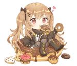  1girl bangs black_footwear black_gloves black_jacket black_ribbon blush boots brown_eyes brown_legwear caramell0501 closed_mouth commentary cross-laced_footwear doughnut eating eyebrows_visible_through_hair fingerless_gloves food food_in_mouth full_body girls_frontline gloves grey_skirt hair_between_eyes heart highres holding holding_food jacket lace-up_boots light_brown_hair long_hair looking_at_viewer minigirl mouth_hold neck_ribbon open_clothes open_jacket pantyhose pleated_skirt ribbon shirt simple_background skirt solo symbol_commentary twintails ump9_(girls_frontline) very_long_hair white_background white_shirt 