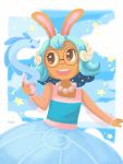  animal_ears blue_dress blue_hair cellphone cucumber_quest dress eel glasses jewelry phone pointy_ears princess_nautilus rabbit rabbit_ears 