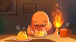  artist_name blush charmander closed_eyes commentary_request cup fangs fire flame gen_1_pokemon hand_behind_head highres holding mug open_mouth photo_(object) plate pokemon pokemon_(creature) smile starter_pokemon tongue uno_yuuji watermark web_address 