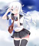  1girl black_legwear blue_eyes blue_sky clouds collarbone commentary_request hibiki_(kantai_collection) highres kantai_collection long_hair messy_hair miniskirt navel pinoaisu pleated_skirt school_uniform serafuku signature skirt sky solo thigh-highs white_hair zettai_ryouiki 